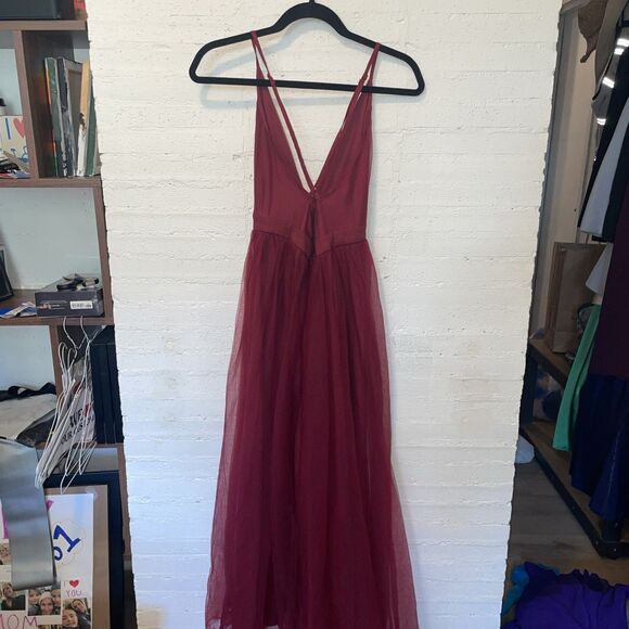 Fairy Grunge Boho Chic SHEIN Belle Plunging Neck Mesh-Overlay Dress Maroon S - Picture 6 of 10